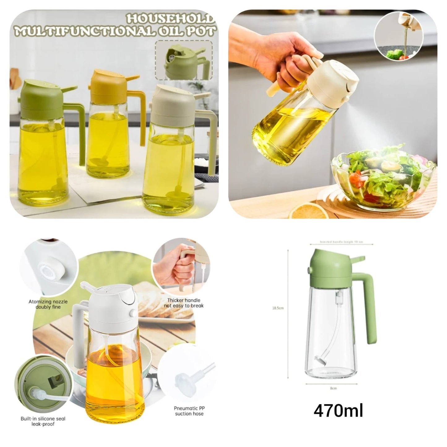 2-in-1 Glass Oil Sprayer & Dispenser Bottle (470ml) – Leak-Proof Mist Spray for Cooking, Baking & Air Fryer